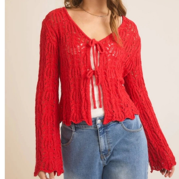 Red Crochet Front Tie Sweater Cardigan - Picture 2 of 5